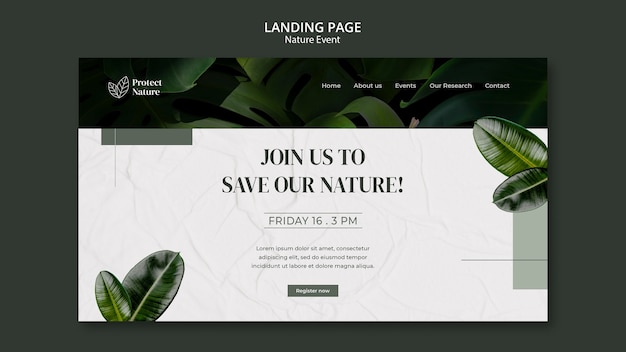 Modello di pagina di destinazione per la conservazione della natura con vegetazione