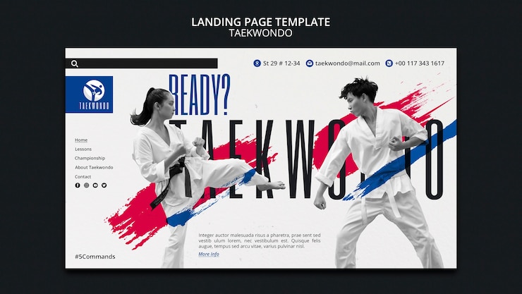 PSD gratuito modello di pagina di destinazione per la pratica del taekwondo