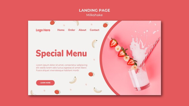 PSD gratuito modello di pagina di destinazione per milkshake alla fragola