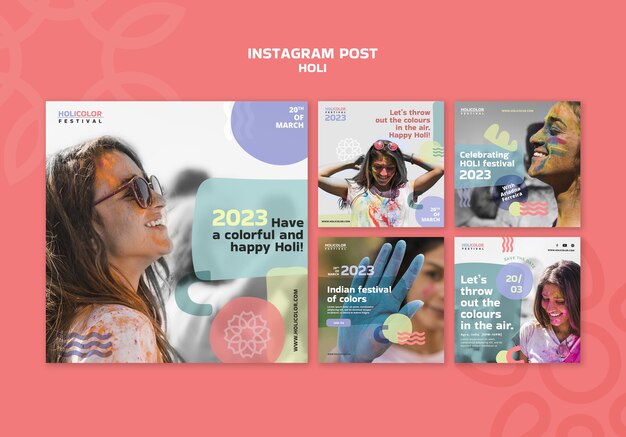 Modello di post di instagram per la celebrazione del festival di Holi