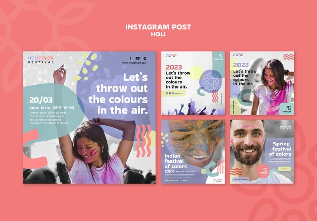 Modello di post di instagram per la celebrazione del festival di Holi