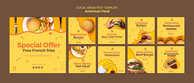 Modello di post social media con cibo americano