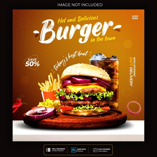 Modello di post sui social media di cibo per hamburger di fastfood ristorante
