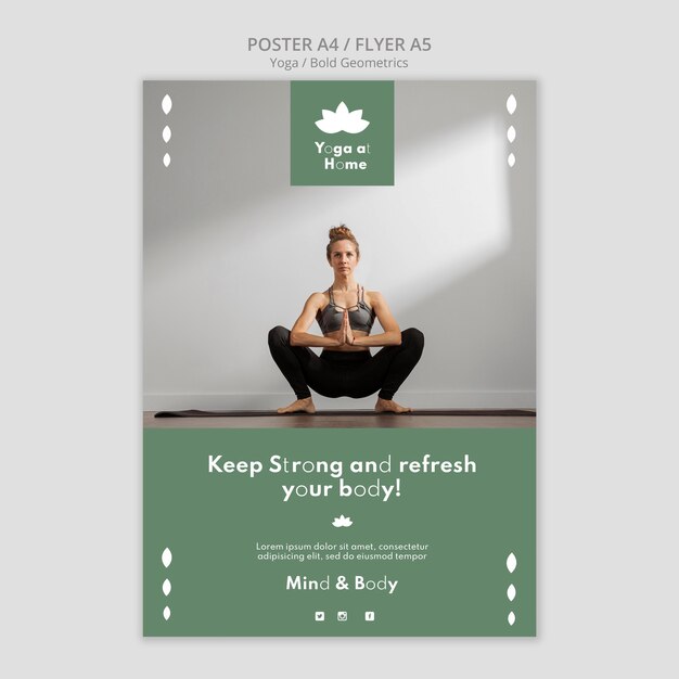 Modello di poster con la donna a praticare yoga