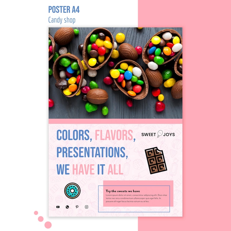 PSD gratuito modello di poster creativo negozio di caramelle con foto
