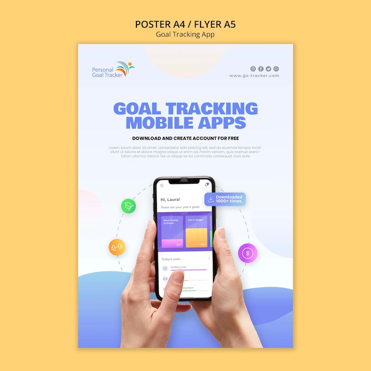 PSD gratuito modello di poster dell'app per il monitoraggio degli obiettivi