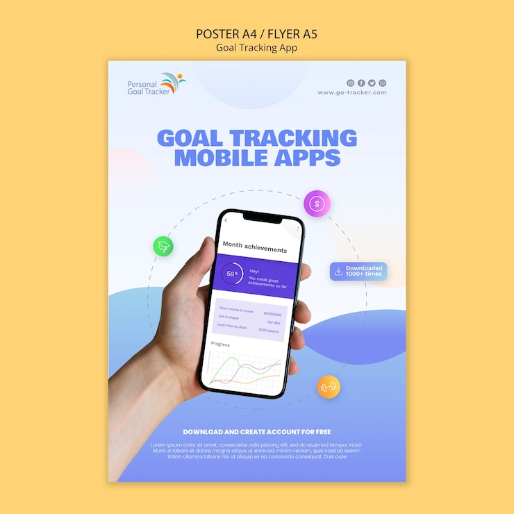 PSD gratuito modello di poster dell'app per il monitoraggio degli obiettivi