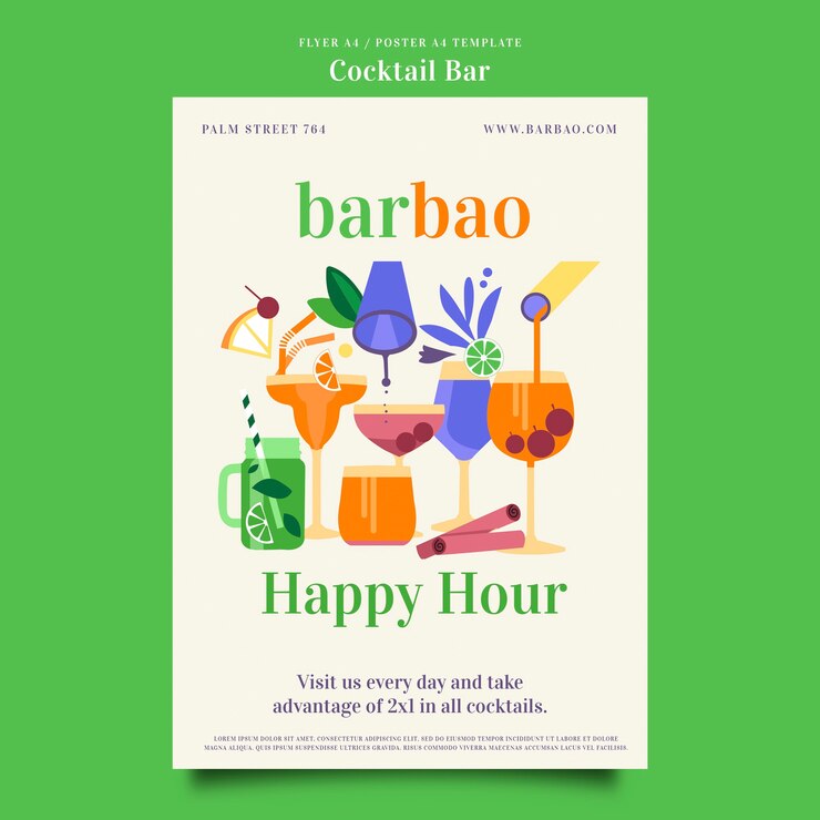 PSD gratuito modello di poster di cocktail bar a disegno piatto
