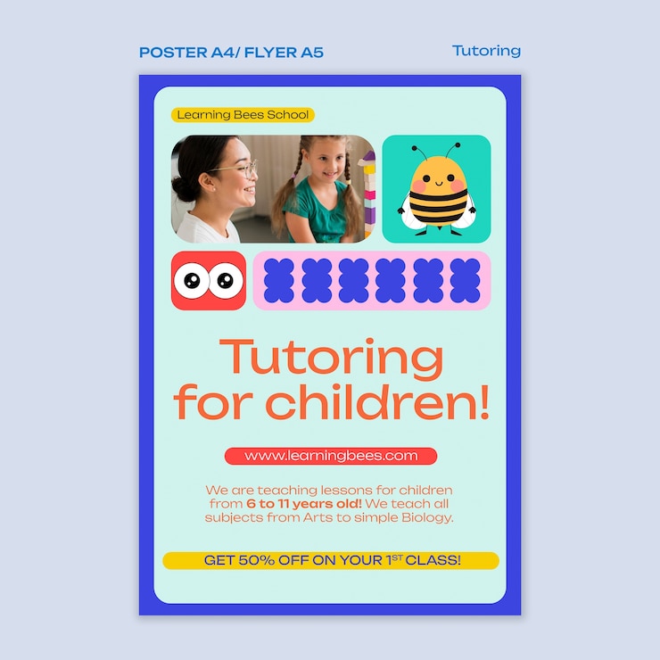 PSD gratuito modello di poster di lavoro di tutoraggio di design piatto
