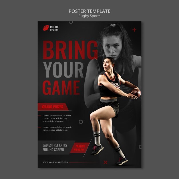 Modello di poster donna che gioca a rugby