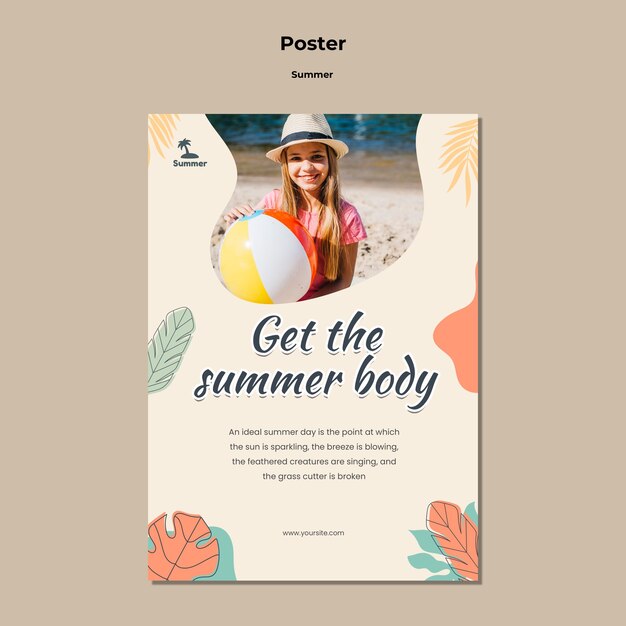 Modello di poster estivo con foglie colorate