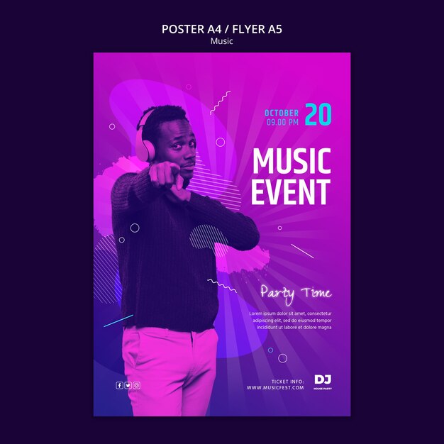 Modello di poster festa musicale con luce sfumata