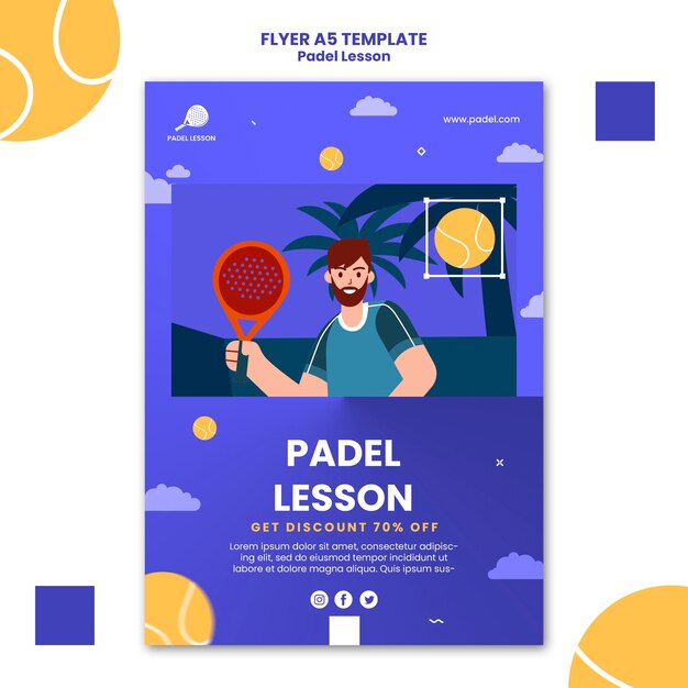 Modello di poster o volantino per lezioni di paddle tennis dal design piatto