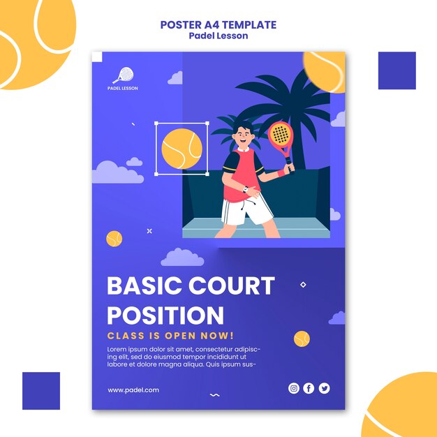 Modello di poster o volantino per lezioni di paddle tennis dal design piatto