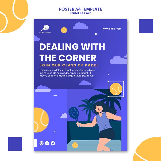 Modello di poster o volantino per lezioni di paddle tennis dal design piatto