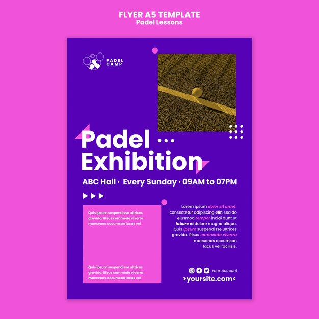Modello di poster o volantino per lezioni di paddle tennis dal design piatto