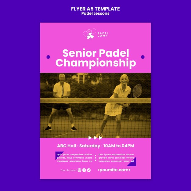Modello di poster o volantino per lezioni di paddle tennis dal design piatto