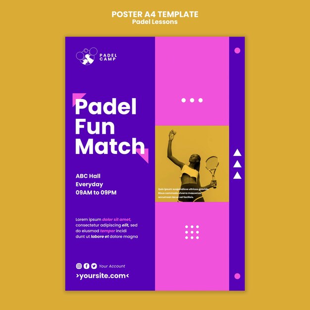 Modello di poster o volantino per lezioni di paddle tennis dal design piatto