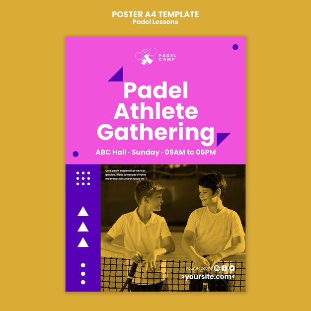 Modello di poster o volantino per lezioni di paddle tennis dal design piatto