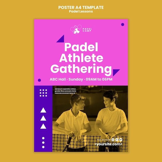 Modello di poster o volantino per lezioni di paddle tennis dal design piatto