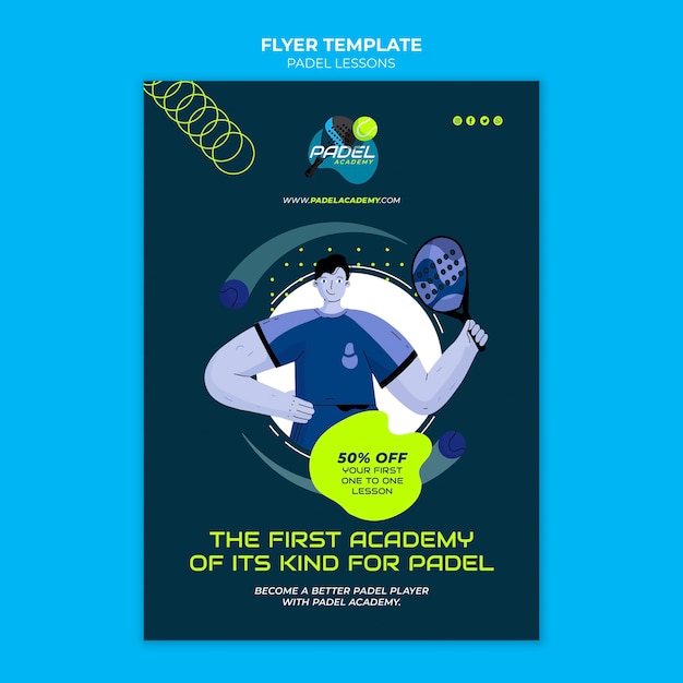 Modello di poster o volantino per lezioni di paddle tennis dal design piatto