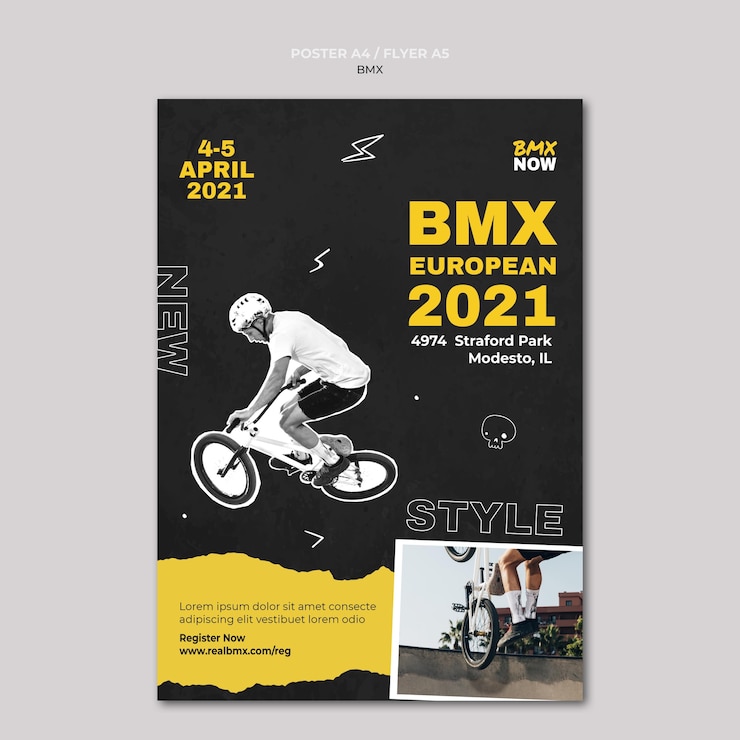 PSD gratuito modello di poster per ciclismo bmx con uomo e bicicletta