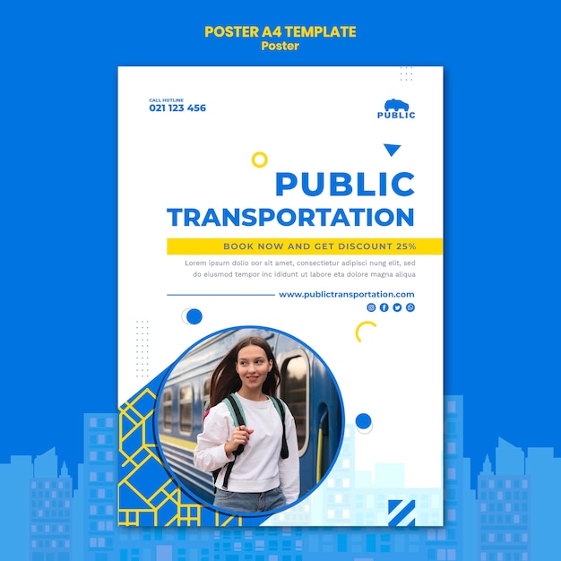 Modello di poster per il trasporto pubblico con pendolare femminile