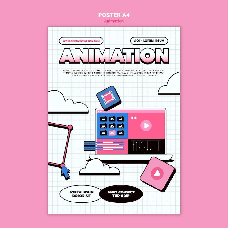 PSD gratuito modello di poster per l'animazione al computer