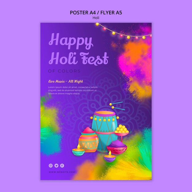 Modello di poster per la celebrazione del festival di Holi