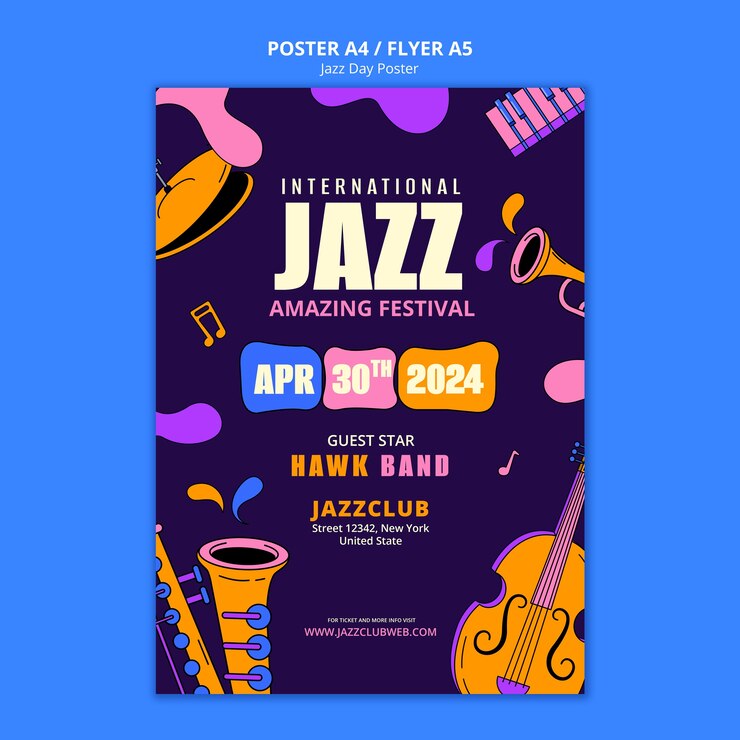 PSD gratuito modello di poster per la celebrazione del giorno del jazz.