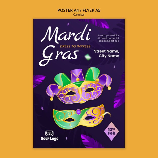 Modello di poster per la celebrazione del Mardi Gras
