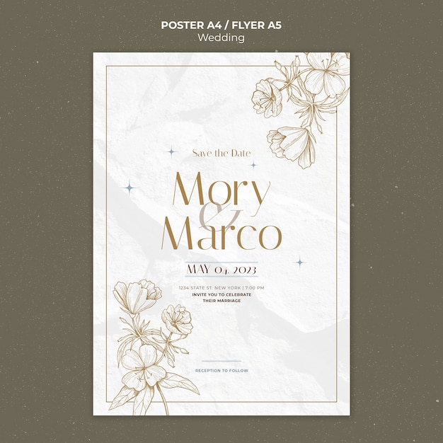 Modello di poster per la celebrazione del matrimonio floreale