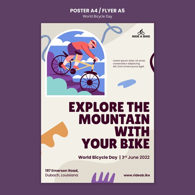 Modello di poster per la giornata mondiale della bicicletta dal design piatto