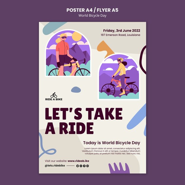 Modello di poster per la giornata mondiale della bicicletta dal design piatto