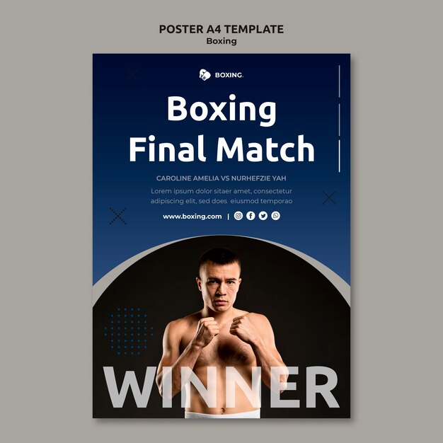 Modello di poster per lo sport di boxe con boxer maschio