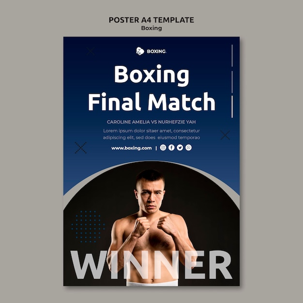 Modello di poster per lo sport di boxe con boxer maschio