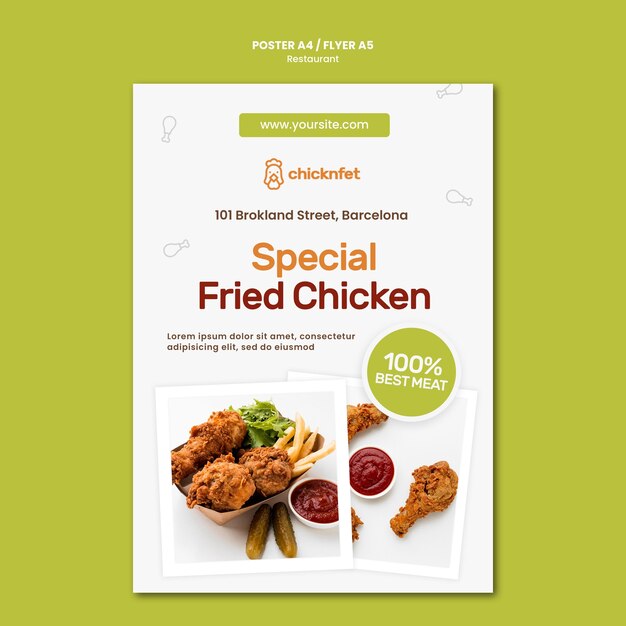 Modello di poster per ristorante piatto di pollo fritto