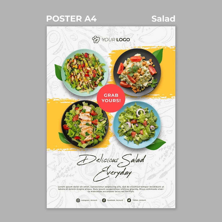 PSD gratuito modello di poster per un sano pranzo con insalata