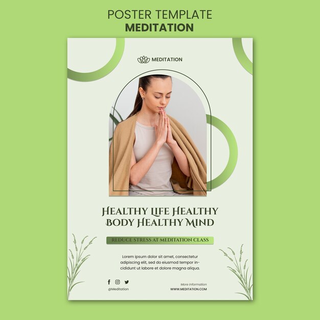 Modello di poster verticale di mediazione con donna che fa yoga