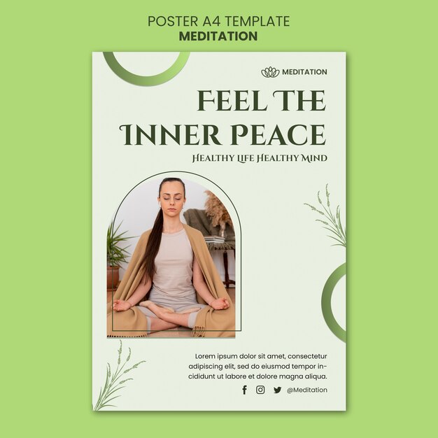 Modello di poster verticale di mediazione con donna che fa yoga