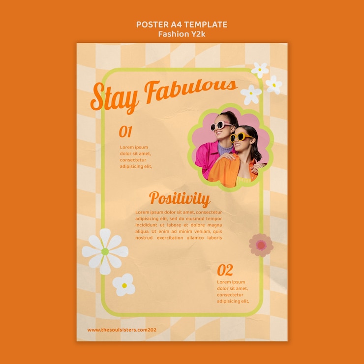 PSD gratuito modello di poster verticale di moda y2k con disegno floreale