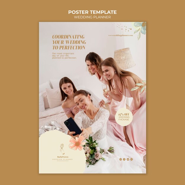 Modello di poster verticale di wedding planner con disegno floreale ad acquerello