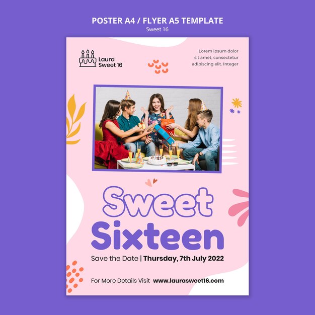Modello di poster verticale dolce 16 celebrazione con foglie