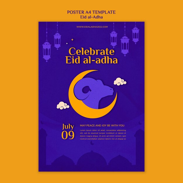 Modello di poster verticale Eid al-adha con falce di luna e montone