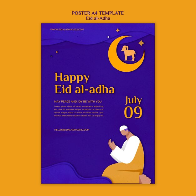 Modello di poster verticale Eid al-adha con persona che prega e luna crescente