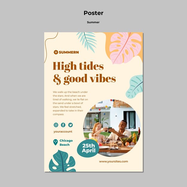 Modello di poster verticale estivo con foglie