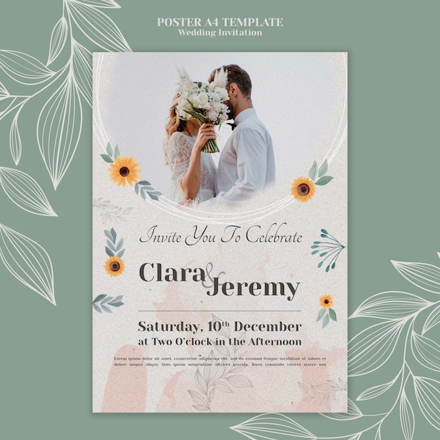 Modello di poster verticale invito a nozze con coppia e fiori
