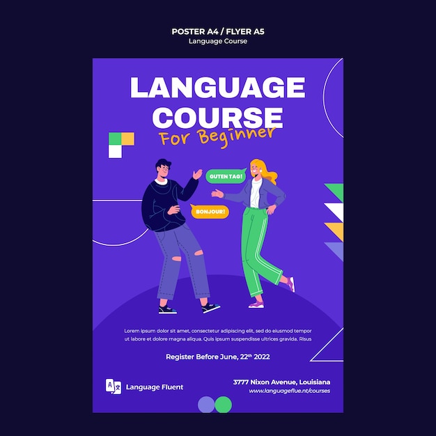 Modello di poster verticale per corsi di lingua con persone e forme geometriche