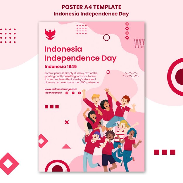 Modello di poster verticale per il giorno dell'indipendenza dell'Indonesia con persone che saltano e forme geometriche