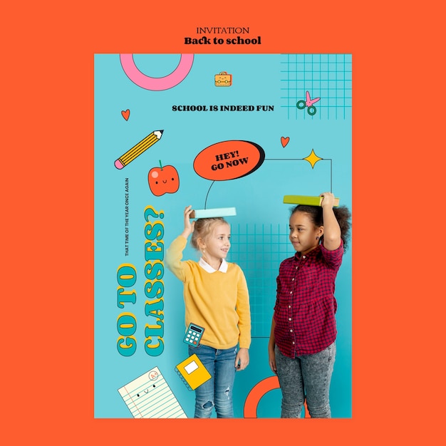 Modello di poster verticale per il ritorno a scuola con elementi disegnati a mano